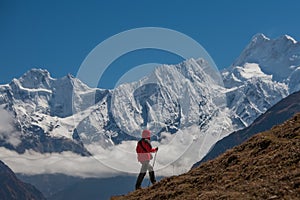 Hiker on the trek in Himalayas