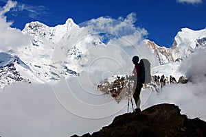 Hiker on the trek in Himalayas, Annapurna valley