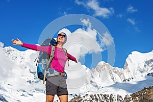 Hiker on the trek in Himalayas, Annapurna valley