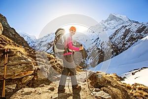 Hiker on the trek in Himalayas, Annapurna valley