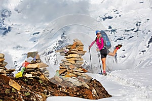 Hiker on the trek in Himalayas, Annapurna valley