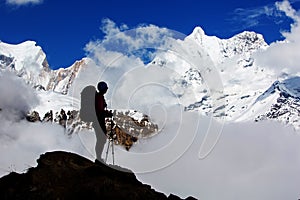 Hiker on the trek in Himalayas, Annapurna valley, Nepal