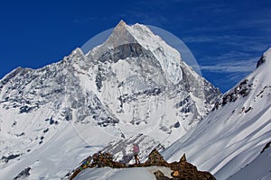 Hiker on the trek in Himalayas, Annapurna valley, Nepal