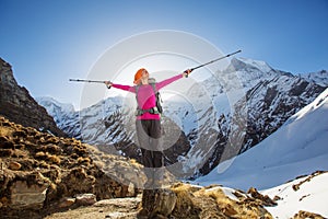 Hiker on the trek in Himalayas, Annapurna valley, Nepal