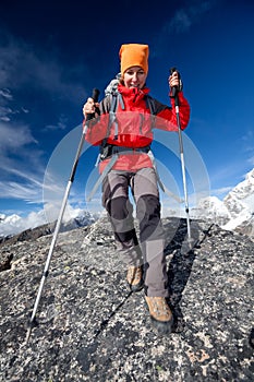 Hiker on the trek in Himalayas, Khumbu valley