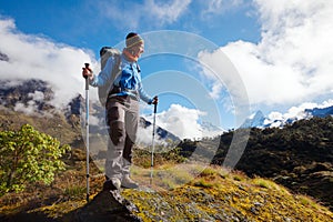 Hiker on the trek in Himalayas, Khumbu valley, Nepal