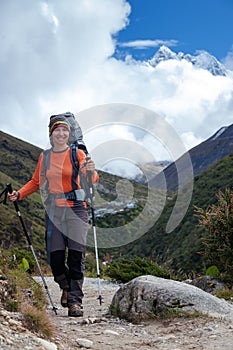 Hiker on the trek in Himalayas, Khumbu valley, Nepal