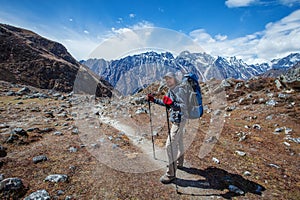 Hiker on the trek in Himalayas, Manaslu region