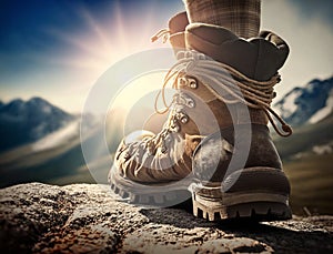 Hiker trekking boot closeup on mountain background. Leg in hiking shoe foreground for travel activity in sunny. Generative AI