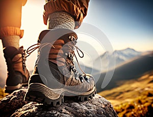 Hiker trekking boot closeup on mountain background. Leg in hiking shoe for travel activity foreground. Generative AI