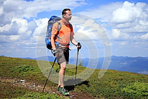 Hiker trekking in the mountains.