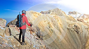 Hiker trekking in the mountains. hiker observes the orizonte in the chasm of the Iztaccihuatl volcano Popocatepetl National Park,