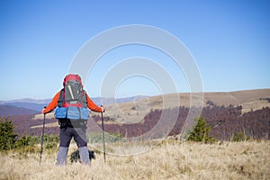 Hiker trekking in the mountains. Sport and active life.