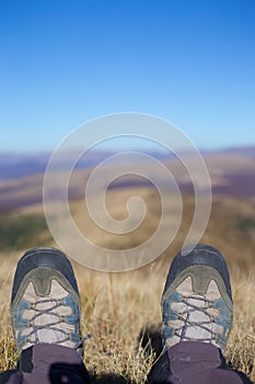 Hiker trekking in the mountains. Sport and active life.