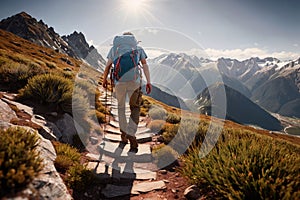 Hiker trekking walking up mountain, adventure activity, back view from behind