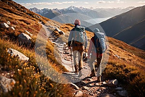 Hiker trekking walking up mountain, adventure activity, back view from behind