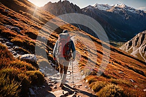 Hiker trekking walking up mountain, adventure activity, back view from behind