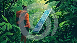 A hiker treks through a dense forest passing by a small solar panel installation that provides renewable energy for