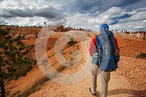 Hiker visits Bryce canyon National park in Utah, USA photo