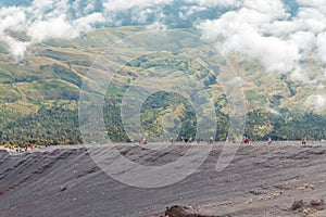 Hiker walk on the way to Mount Rinjani summit on morning. Lombok island, Indonesia