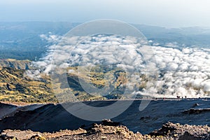 Hiker walk on the way to Mount Rinjani summit on morning. Lombok island, Indonesia