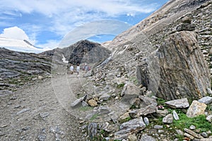 hiker walking along a path at Grossglockner Mountain and Pasterze in Austria. Summer.