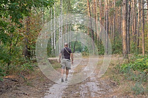 Hiker walking on an earth road in evening forest