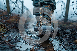 Hiker walking in the muddy forest with hiking boots