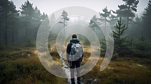 hiker walking in a mystic forest with backpack traveler