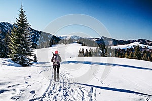 Turista chôdzi po zasneženej krajine v lese