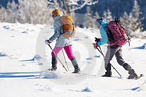 A hiker walks in snowshoes in the snow