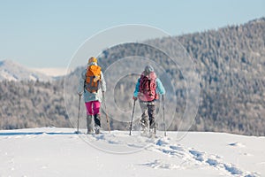 A hiker walks in snowshoes in the snow