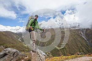 Hiker walks on train