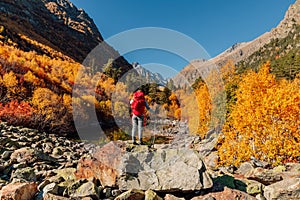 Hiker woman with backpack enjoying view in the autumnal mountains. Rocky mountains and tourist
