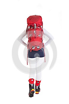 Hiker woman with backpack isolated on white background , going a