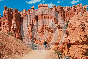 Hiker woman in Bryce Canyon hiking looking and enjoying view during her hike wearing hikers backpack.