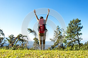 Hiker woman feeling victorious facing on the mountain,