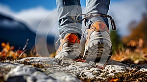 Hiker woman in macro boots trekking through mountain landscape outdoor adventure travel in nature