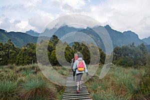 Hikers against a mountain background at Rwenzori Mountains,Uganda