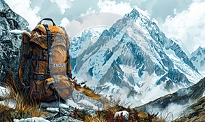 Hikers backpack resting against a mountain rock with ENDURE painted on it amidst snowy peaks, embodying the spirit of photo
