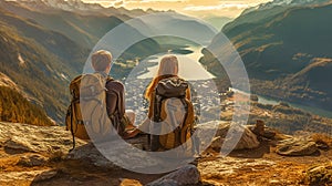 Hikers with backpacks At sunset, recline on top of a mountain and take in the view of the valley. Generative Ai