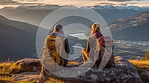 Hikers with backpacks At sunset, recline on top of a mountain and take in the view of the valley. Generative Ai