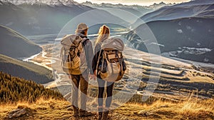 Hikers with backpacks At sunset, recline on top of a mountain and take in the view of the valley. Generative Ai