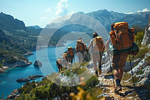 hikers with backpacks walk along