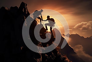 Hikers climbing on rock, mountain at sunset, one of them giving hand and helping to climb. Help, support, assistance in