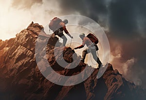 Hikers climbing on rock, mountain at sunset, one of them giving hand and helping to climb. Help, support, assistance in