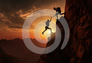 Hikers climbing on rock, mountain at sunset, one of them giving hand and helping to climb. Help, support, assistance in