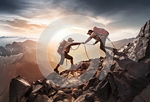 Hikers climbing on rock, mountain at sunset, one of them giving hand and helping to climb. Help, support, assistance in