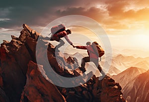 Hikers climbing on rock, mountain at sunset, one of them giving hand and helping to climb. Help, support, assistance in