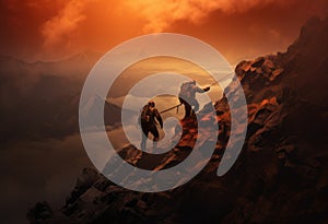 Hikers climbing on rock, mountain at sunset, one of them giving hand and helping to climb. Help, support, assistance in